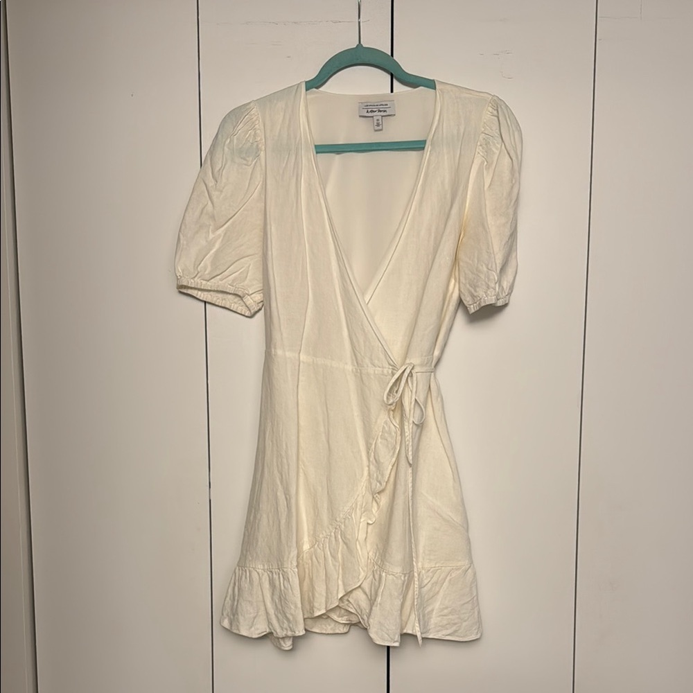 Cream Linen Wrap Dress with Puff Sleeves